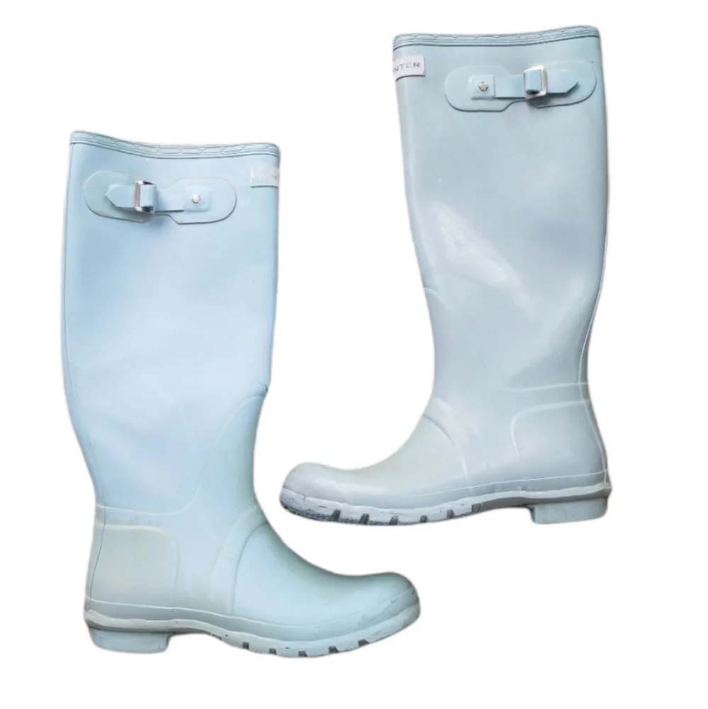 Hunter Original Gloss Tall Boots light blue well used worn with FLAWS SEE PHOTOS